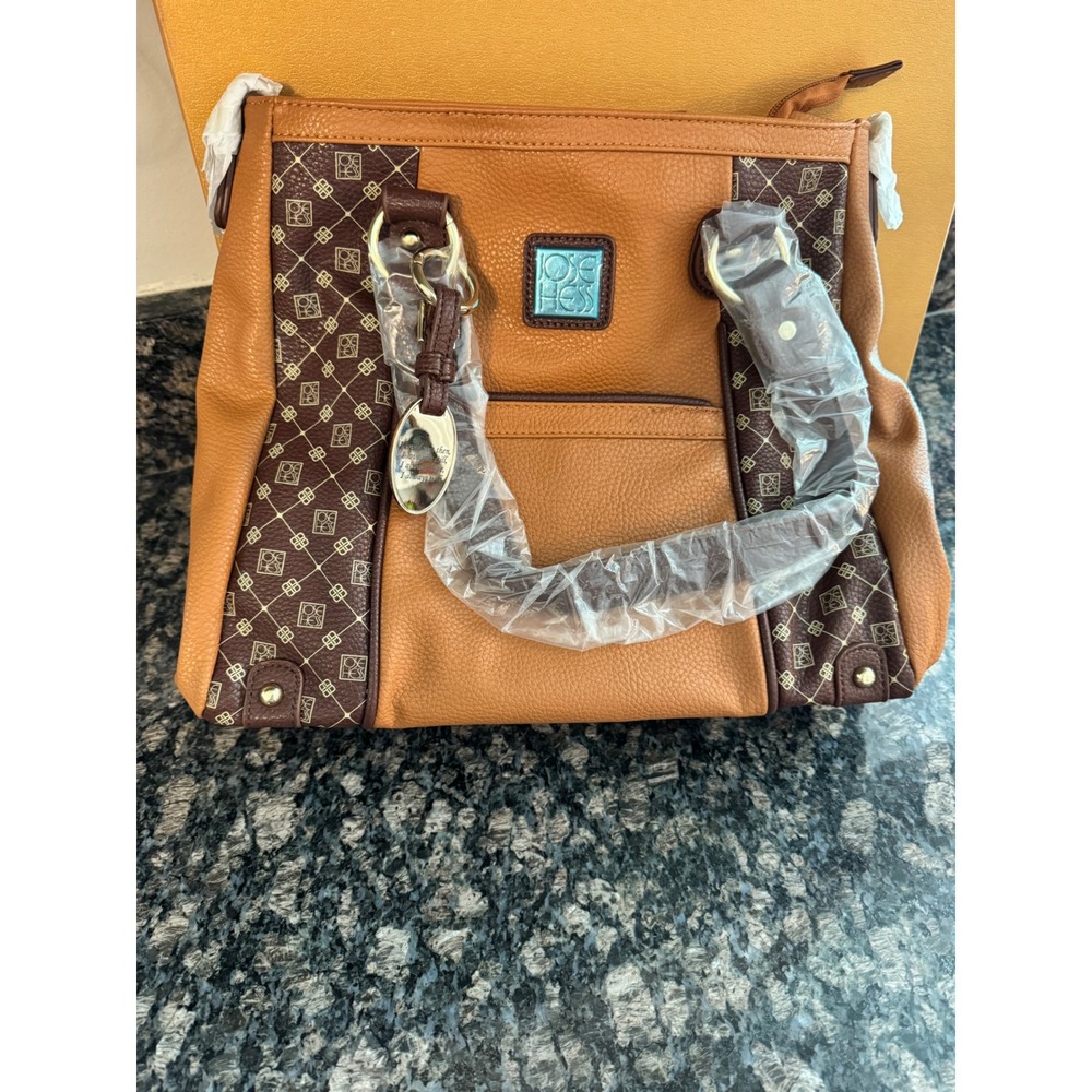 Jose Hess Danbury Mint Tan Brown Monogram Satchel Crossbody Bag with Charm NEW